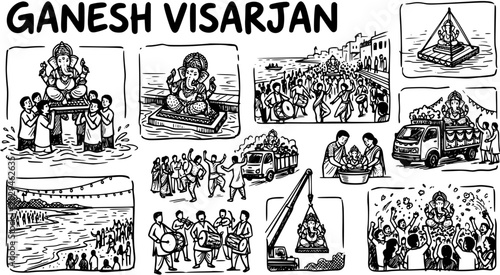 Photos Hinduism Ganesh Visarjan Festival Black and White Line Art Illustration