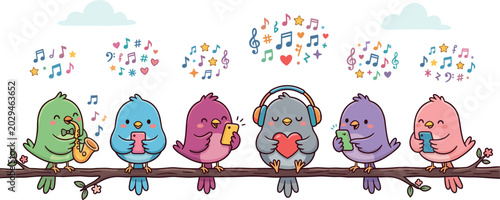Fotografi Cute Colorful Birds Singing on Tree Branch with Musical Notes and Headphones Car