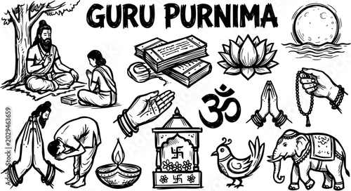 Photos Guru Purnima Hindu Festival Black and White Line Art Doodle Set