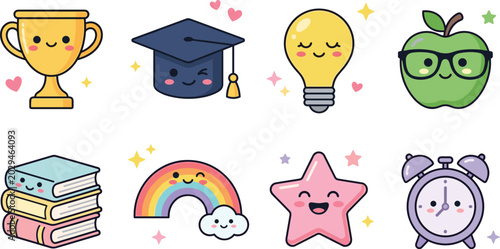 Fotografie Cute School and Learning Kawaii Icon Collection Featuring Graduation Cap, Trophy