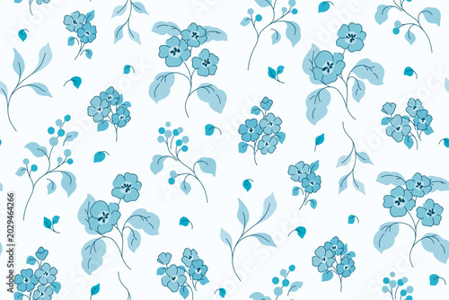 Seamless floral pattern, ditsy print in delicate blue and white colors. Cute botanical design in a folk motif, small hand drawn wild flowers, thin branches, large leaves abstract. Vector illustration.