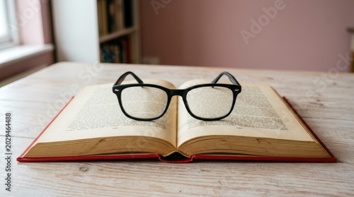 Open Book with Reading Glasses on Wooden Table.
