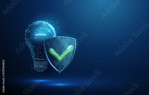 3D blue shield with green tick and lightbulb. Intellectual property protection, patent approval, safe invention, smart solution, knowledge protection, inspiration concept