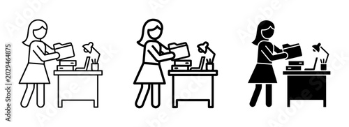 Billede på lærred Woman organizing files at desk icon set, outline and silhouette, for office and
