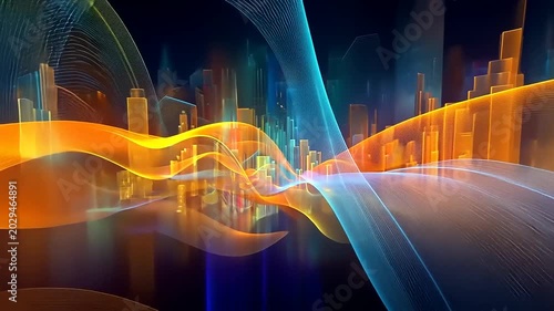Abstract Cityscape with Vibrant Waves - A Modern Digital Art Piece.