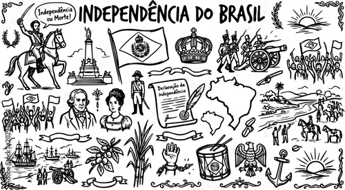 Bild auf Leinwand Brazilian Independence Day Hand-drawn Line Art Icons Set