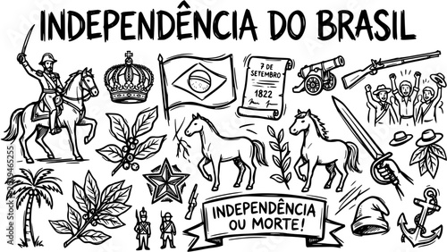 Bilde på lerret Black and White Hand-Drawn Doodle of Brazilian Independence Day History, featuring Dom Pedro I, national symbols, military, and historical objects in line art style