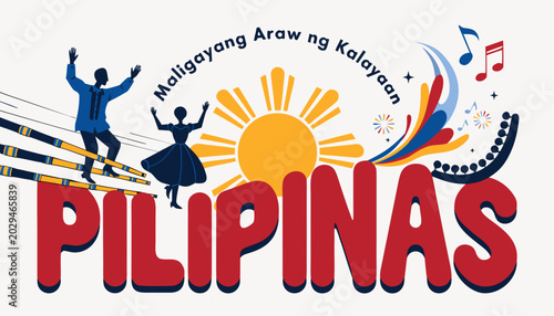 Vibrant philippine independence day poster with dancing figures and sun