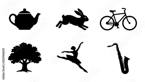 Photography Black Silhouette Icons: Teapot, Rabbit, Bicycle, Tree, Ballerina, Saxophone