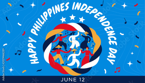 Vibrant illustration celebrating philippines independence day on june 12 with dancing figures and festive elements