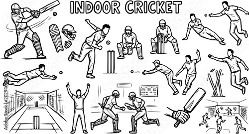 Bilde på lerret Indoor Cricket Sports and Recreation Black and White Line Art Vector Set: Player