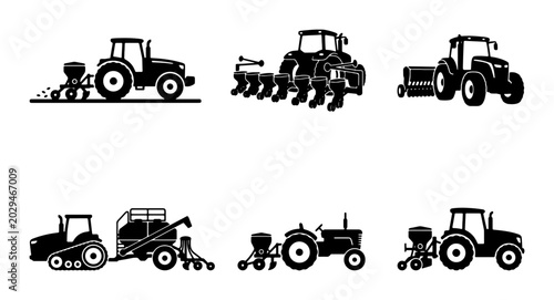 Photos Set of 6 Black and White Farm Tractor Icons, Agricultural Machinery Silhouettes