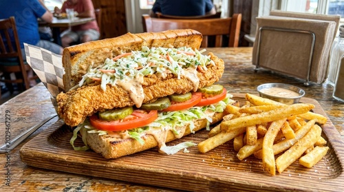 Delicious Crispy Fried Seafood PoBoy Sandwich with French Fries.