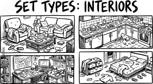 Foto Lifestyle Home Interior Set Types: Messy Rooms in Hand-Drawn Black  White Line A