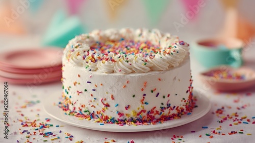 A frosted white cake with colorful sprinkles sits on a white plate. Party decorations of plates, bowls, & buntings are in background