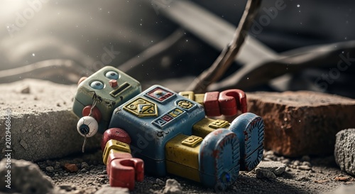 A broken vintage robot toy lying on dusty ground, evoking feelings of forgotten childhood memories and lost play.
