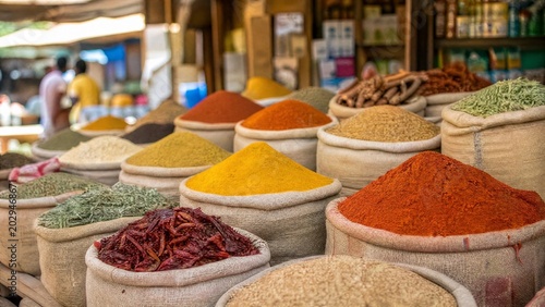 ethiopia. A market stall with colorful mounds of spices in burlap sacks. menu design, packaging mockups, designed for culinary blogs and recipe cards for restaurants, used by marketplace managers.