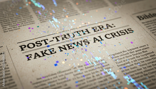 Newspaper print dissolving into glowing corrupted digital glitch pixels concept