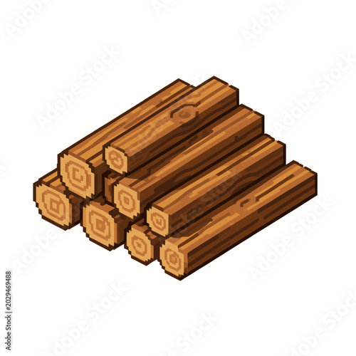 Stacked Wooden Logs Arranged in Isometric Pixel Art Style