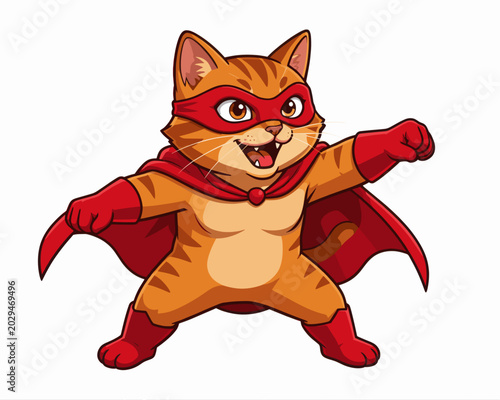 Superhero Cat in Red Cape Posing Dynamically Against White Background