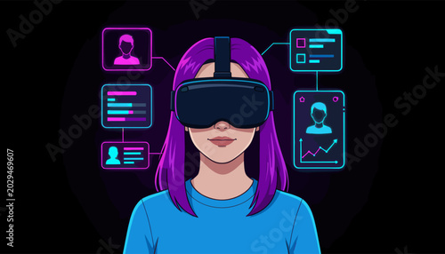 Woman Wearing VR Headset with Digital Data Interface Floating Around Her