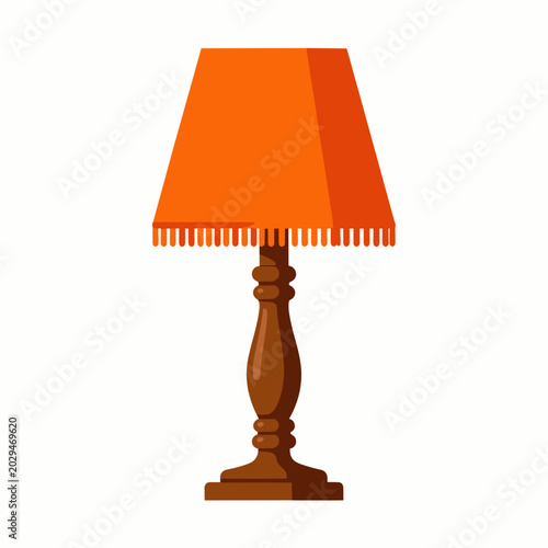 Wooden Table Lamp with Orange Fringed Shade on White Background