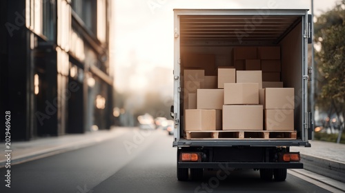 back view of modern truck loaded with cardboard boxes, moving day concept background with copy space