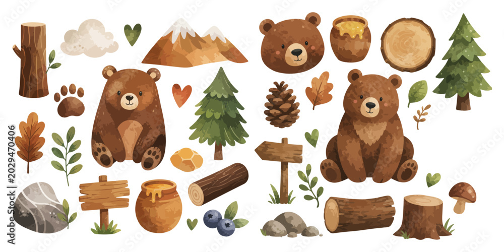 Fototapeta premium watercolor brown bear collection