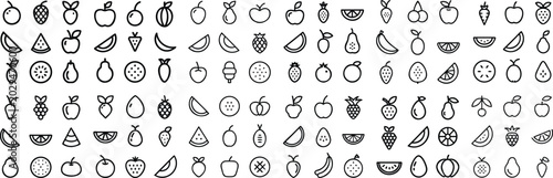 Foto A collection of simple outline icons representing various fruits and vegetables, artfully arranged in rows, showcasing a diverse array of healthy food options