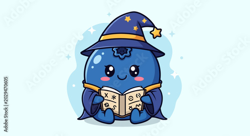 Foto Cute Blueberry Wizard Character Reading a Magic Spell Book