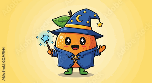 Bild auf Leinwand Cute Cartoon Orange Wizard Character Holding Magic Wand