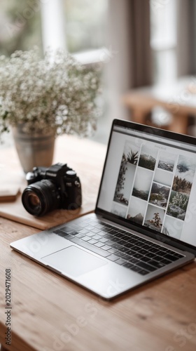 digital photo gallery on computer screen and modern camera on the table