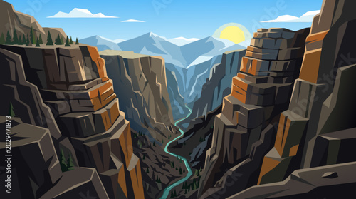 Deep narrow canyon gorge with a river flowing between dark steep cliffs. Majestic geological rock formations, nature vector.