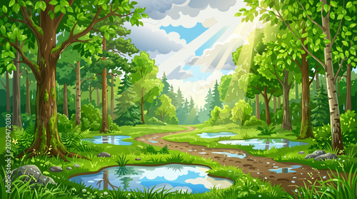 Sunbeams shining through lush green forest trees with creek. Magical wild summer nature landscape vector illustration.