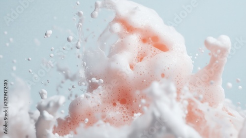 Pink Foamy Explosion: A dynamic abstract image capturing a burst of delicate pink foam mingling with white bubbles against a soft blue backdrop, creating a sense of effervescence and fluid motion.