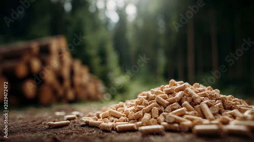 close up of pile of pellets, wood pellet production in the forest