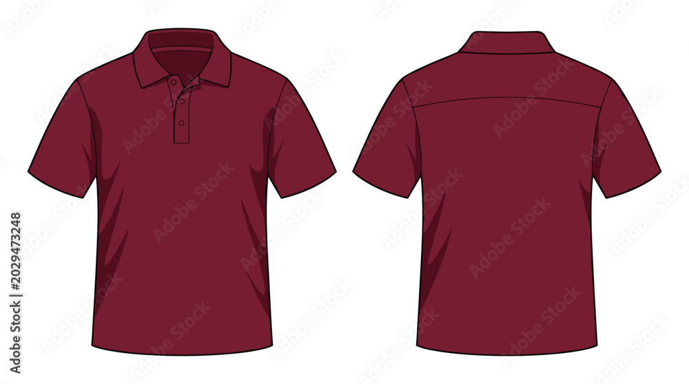 Naklejka premium Blank burgundy polo shirt with collar template. Front and back views. Vector illustration.