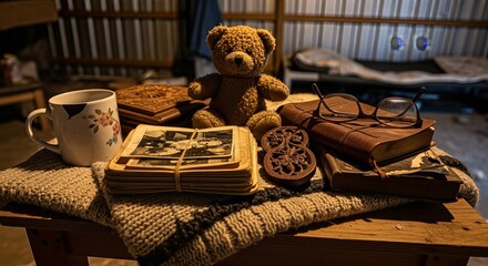Vintage teddy bear with old photos and books evokes nostalgic childhood memories