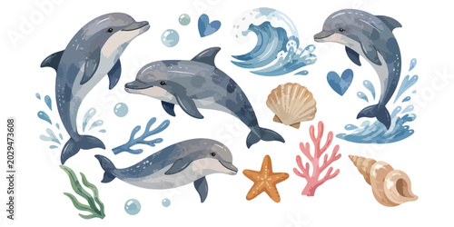 Foto watercolor cute dolphin marine life collection