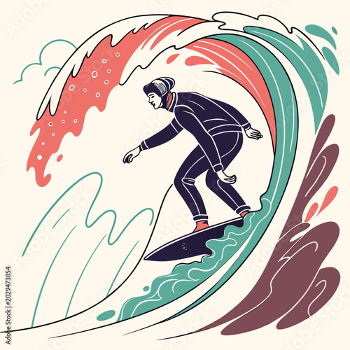 Photography Surfer riding a large wave in a stylized ocean with colorful water extreme sport