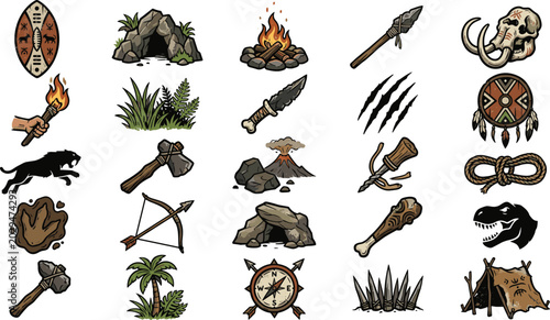 Bild auf Leinwand Prehistoric stone age caveman icon set with primitive weapons tools fire mammoth