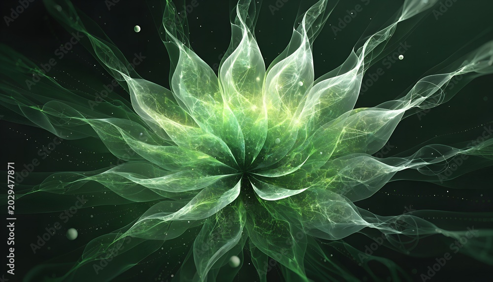 Obraz premium Abstract green fractal floral background with nature leaves flowers petals and glowing artistic pattern design