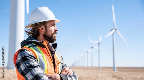 Confident renewable energy engineer standing at wind farm outdoors. Professional male technician in hard hat and safety vest for clean power industry, utility maintenance and sustainability project