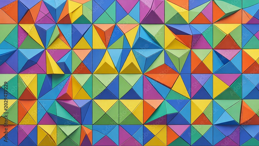 Fototapeta premium Colorful geometric panels arranged in a grid of folded triangles and polygons in blue, green, yellow, orange, and purple with subtle shadows across the surface beneath studio light.
