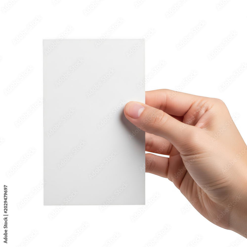 Obraz premium A hand holding a blank white vertical paper card for your custom design and branding message