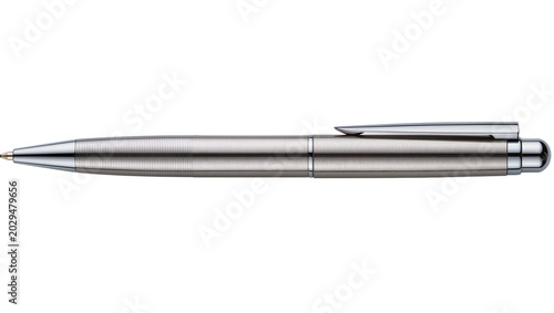 Foto Silver metallic ballpoint pen with textured grip and clip