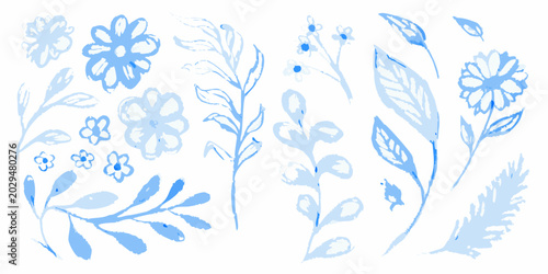 watercolor floral illustrations delicate blue flower and leaf arrangements on white background