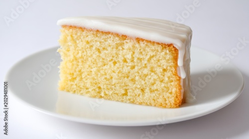 Isolated yellow cake slice with white glaze on a round plate, crisp focus, creamy texture, and bright lighting