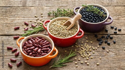 Assortment of beans and lentils in bowls on rustic wood