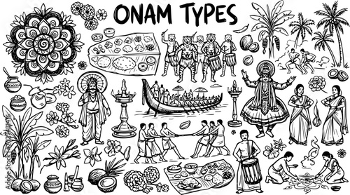 Onam Festival Doodle Icons: Traditional Kerala Celebrations, Food, Dance, Boat Race, Line Art